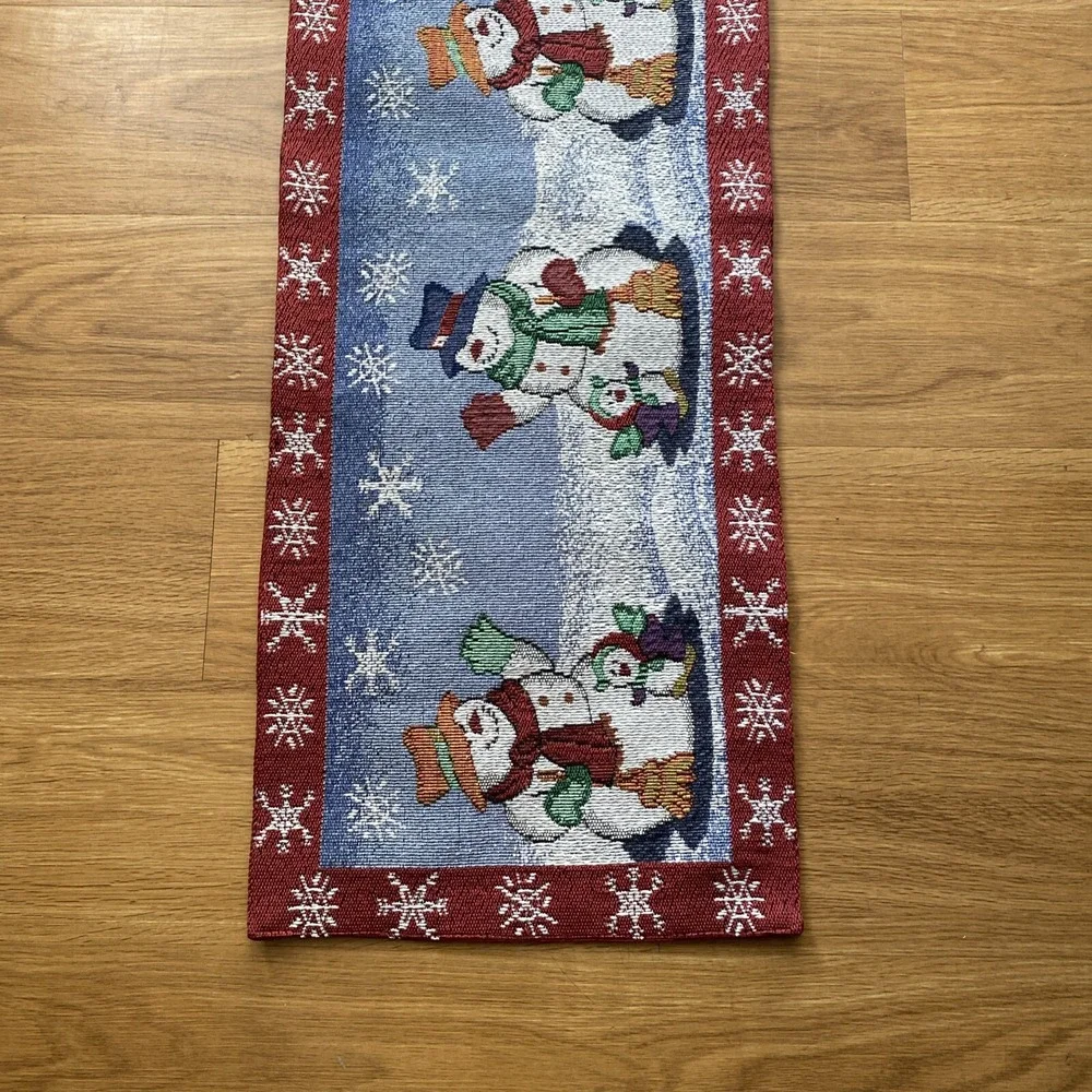 Snowman Tapestry Table Runner Christmas 72x13 Blue‎ Red Holiday Decor